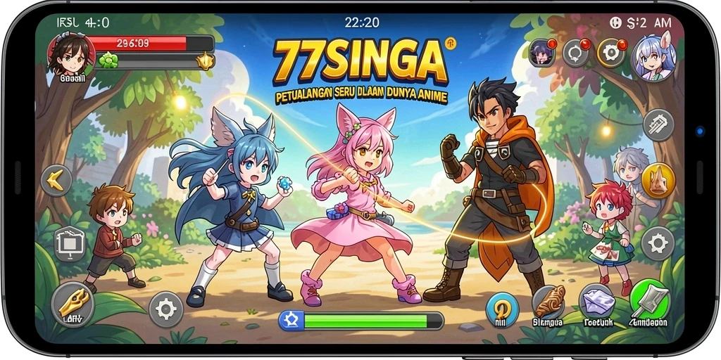 Tangkapan layar utama 77SINGA menampilkan pertarungan seru antara karakter anime.