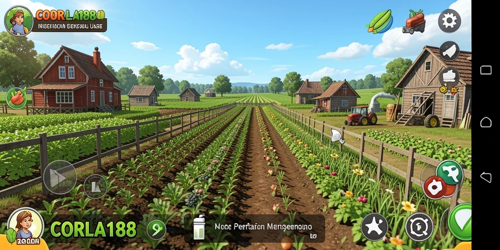 Tangkapan layar gameplay CORLA188 menampilkan lahan pertanian yang indah dan interaksi pemain.