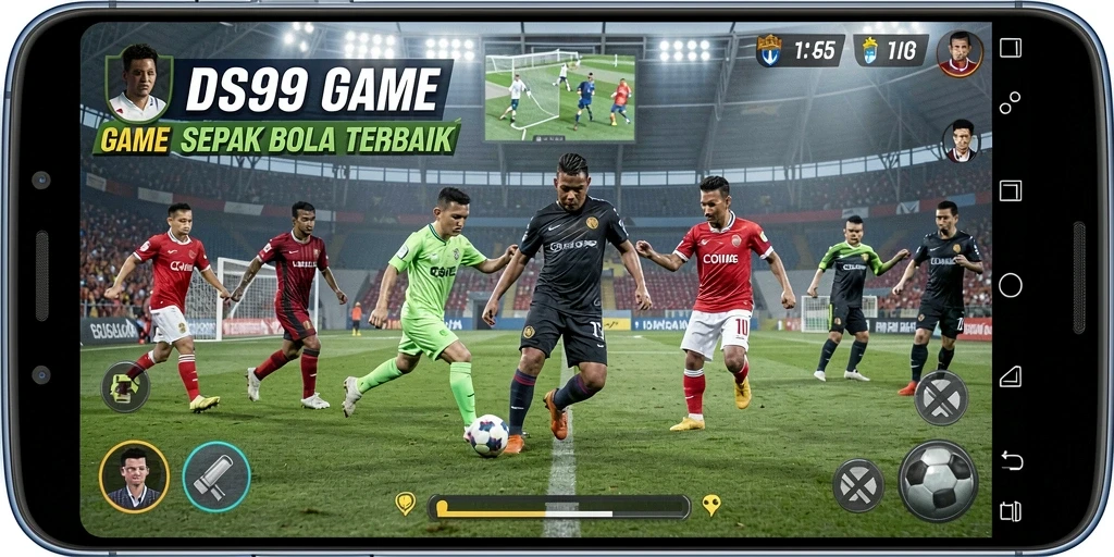 Gambaran gameplay DS99 yang mendebarkan dengan aksi sepak bola nyata.