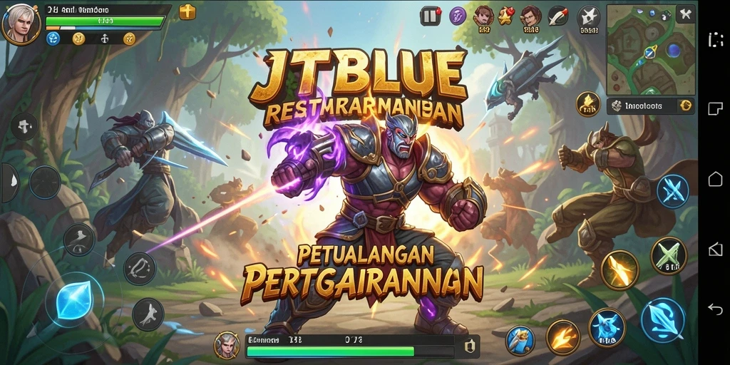 Tampilkan karakter bertarung dalam arena yang penuh aksi.