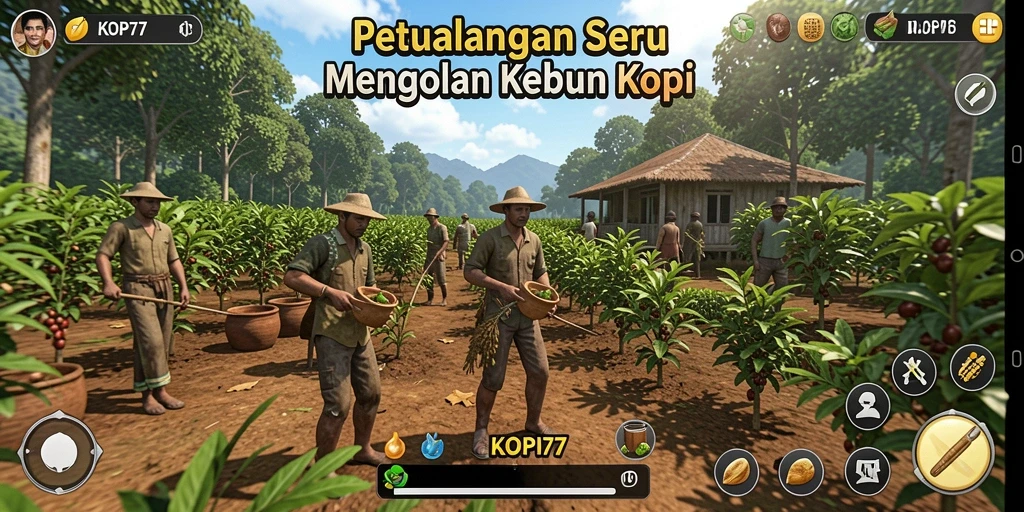 Screenshot gameplay KOPI77 menampilkan kebun kopi yang subur dan dinamis.