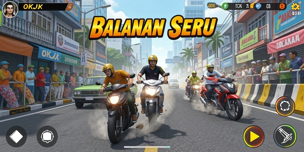 Tampilan gameplay OKJK dengan mobil balap yang melaju kencang.